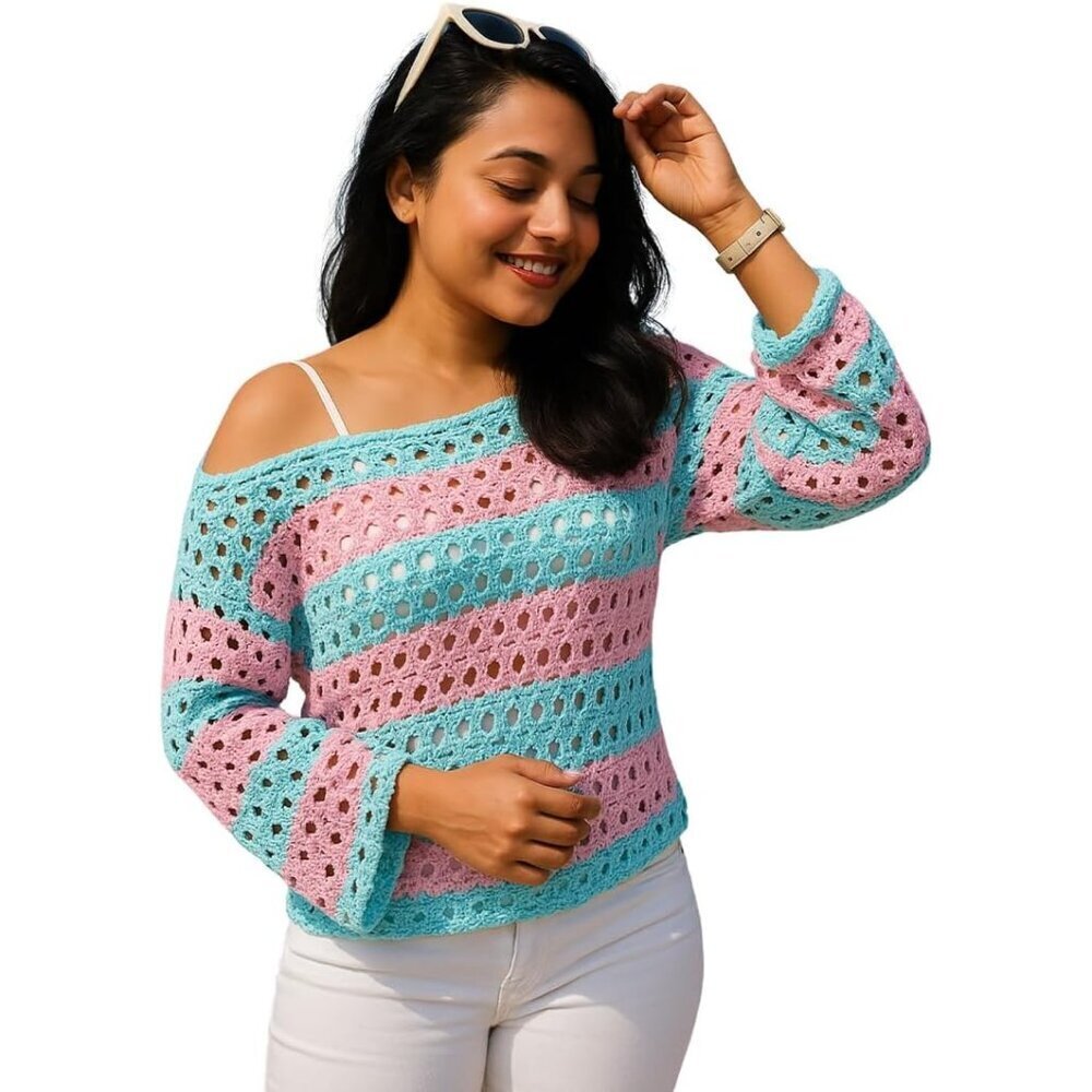 Crochet Women's Top Cotton Off Shoulder Long Sleeve Summer Coverup Blue XL